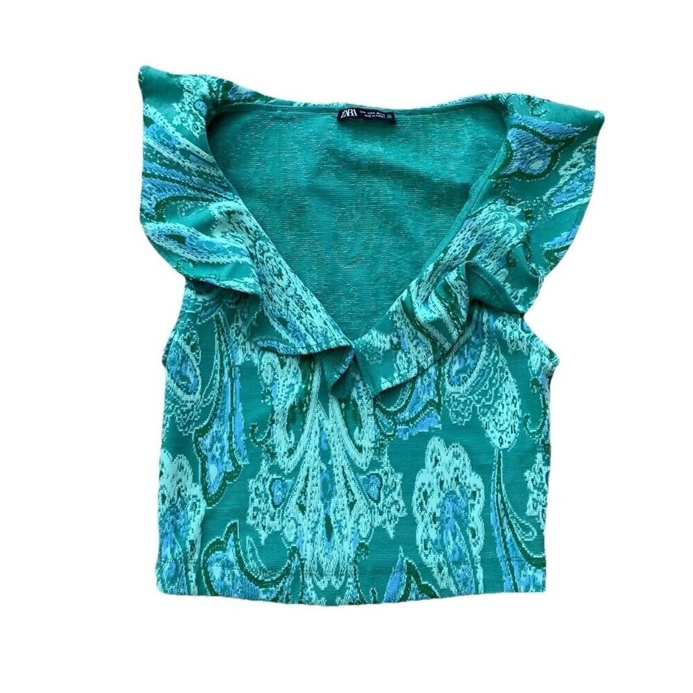 Zara Knit Ruffled Sleeveless Crop Top Paisley Green Blue Medium